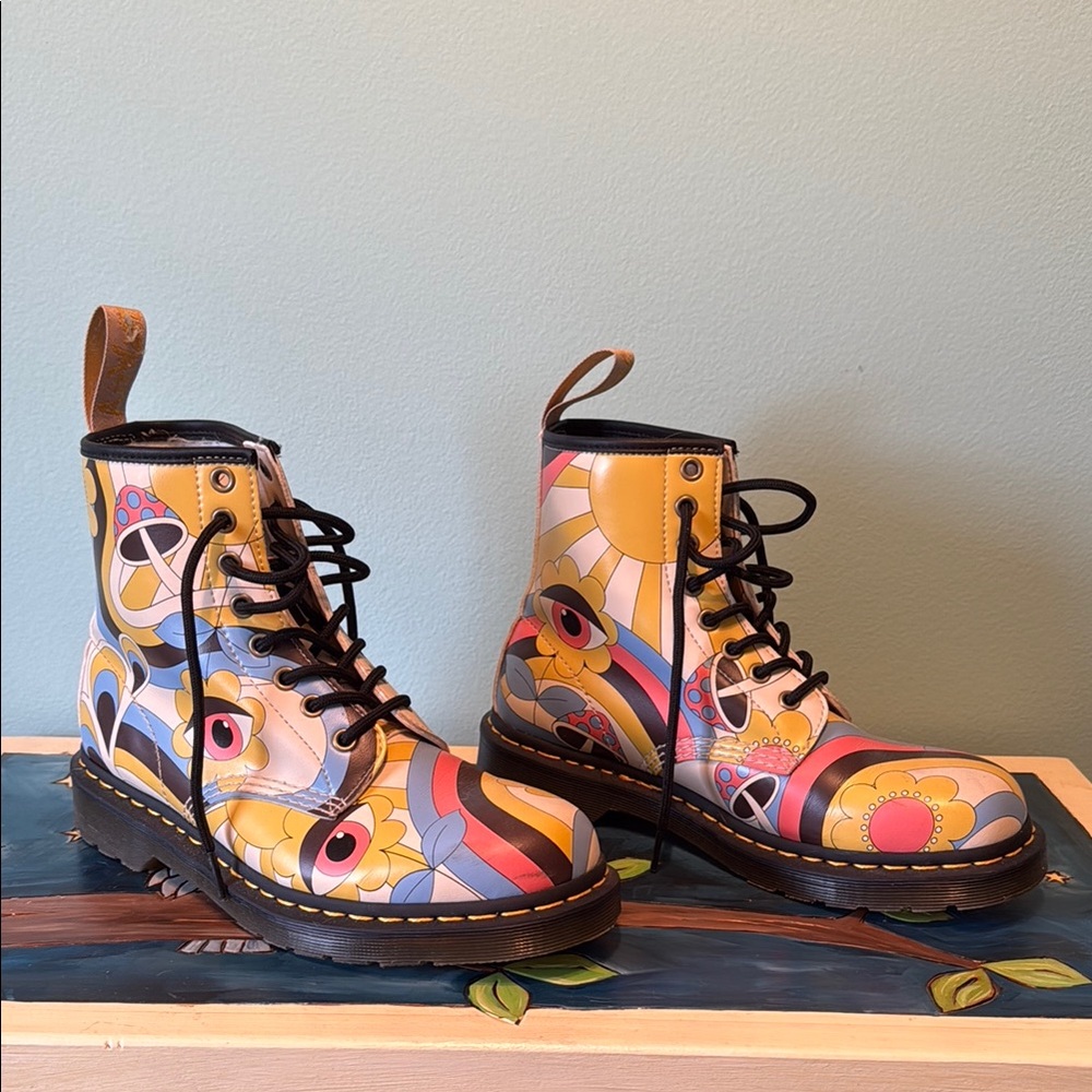 Dr. Martens Vegan 1460 Boots with retro pattern. Like new condition.